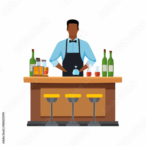 Skilled male bartender expertly preparing drinks at a busy bar counter, surrounded by bottles and glasses, ready to serve customers in a lively restaurant or pub