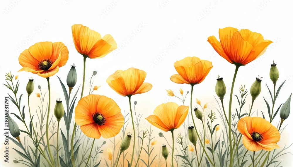 Fototapeta premium Field with blooming yellow poppies and green seed pods on white background. Delicate flowers with thin stems and airy foliage evoke summer warmth and nature beauty.