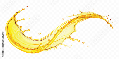 abstract smooth liquid oil splashing with droplets in curve style isolated on white background	
