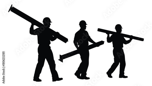Construction workers carrying beams silhouette isolated on white background, Vector