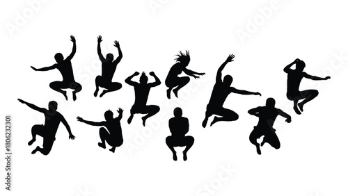 Dynamic silhouettes of jumping people isolated on white background, Vector