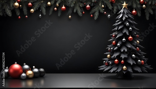 Black tree with red and gold ornaments hanging from it