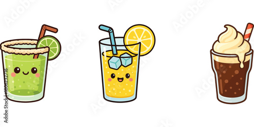 Ilustrasi bubble tea matcha dan es kopi dengan karakter