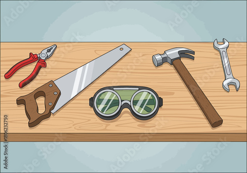 Assorted Hand Tools and Safety Glasses on Workbench.