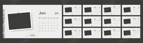 Photo frame 2026 calendar year template of 12 month horizontal pages set. Minimalist English layout yearly planner week starts on Monday. 