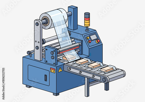 Blue industrial printing and conveyor machine in factory.