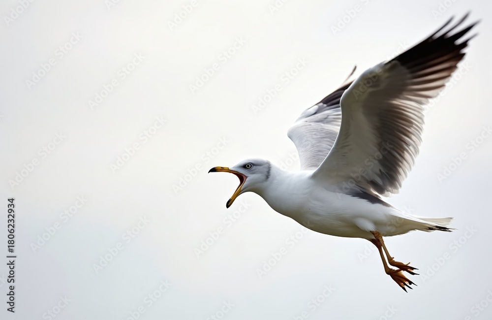 Fototapeta premium A ring billed gull flies with its beak open, appearing to call out loudly. Its wings are spread wide as it prepares to land against a plain, bright sky. The bird shows its yellow beak and sharp eyes.