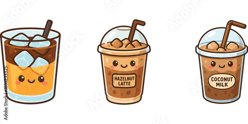 Ilustrasi es kopi, kopi latte dan minuman cappuccino karakter lucu