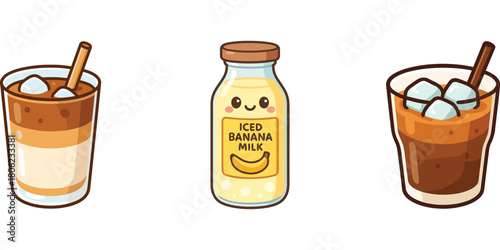 Ilustrasi latte kopi dan jus madu lemon karakter lucu**