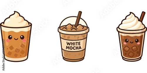 Ilustrasi minuman kopi krim dan milk coffee karakter lucu**