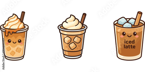 Ilustrasi es latte, iced coffee dan espresso botol karakter lucu**