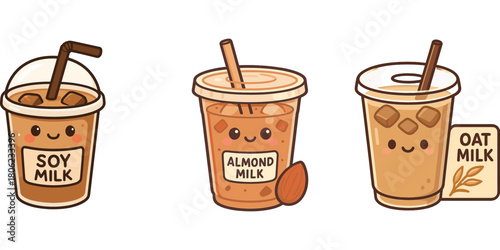 Ilustrasi bubble tea susu, kopi susu dan oat milk karakter lucu**