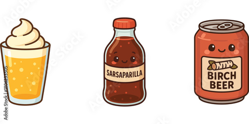 Ilustrasi soda lemon, minuman kayu manis dan es birch beer karakter lucu**