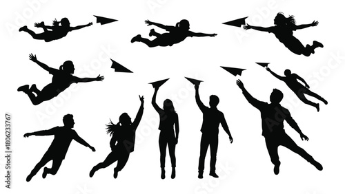 People and paper airplanes silhouettes isolated on white background, Vector
