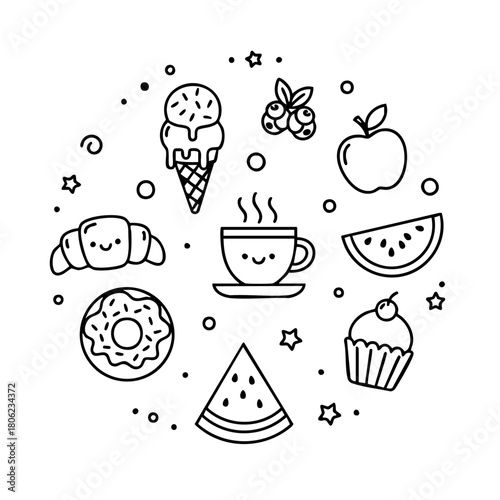 Food & Snack Doodle Pack
“Cute doodle drawings of food — croissant, coffee cup, ice cream, fruits, pastries — fun minimal line art, cohesive set.”
