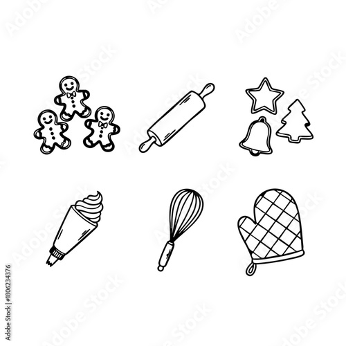 Holiday Baking Doodle Pack
“Christmas baking doodles — gingerbread men, rolling pin, cookie shapes, icing tube, whisk, oven mitt — cute minimal line art.”