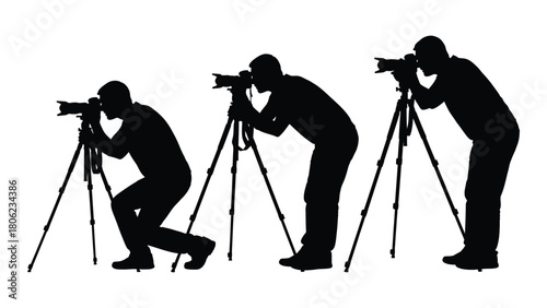 Photographer silhouettes with tripods in various poses isolated on white background, Vector
