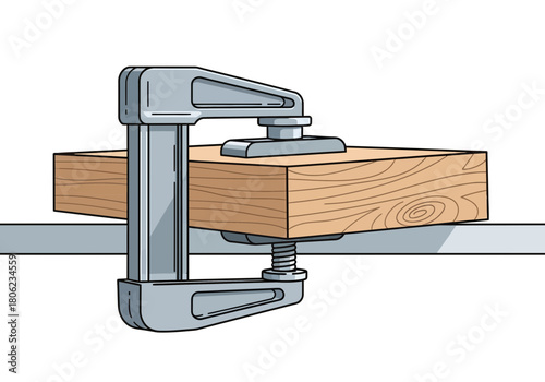 Industrial Clamp Gripping Wooden Block On Workbench.