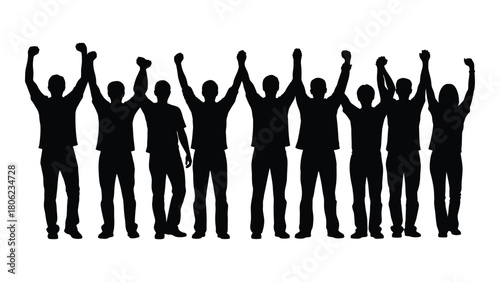 United group silhouettes with raised arms isolated on white background, Vector