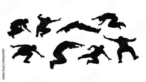 Dynamic parkour and free running silhouettes isolated on white background, Vector