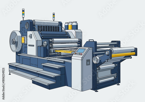 Industrial printing press machine viewed from side.