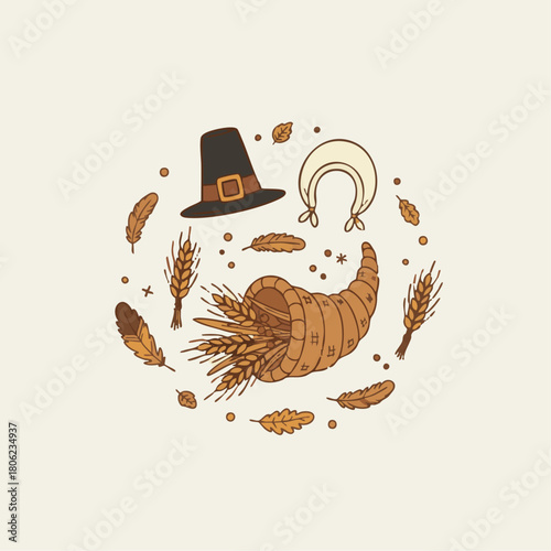 Pilgrim Hats & Symbols
“Cute doodles of pilgrim hats, bonnets, wheat, feathers, simple cornucopia — clean minimal Thanksgiving symbols.”