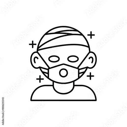 Person wearing a medical mask with a bandaged head