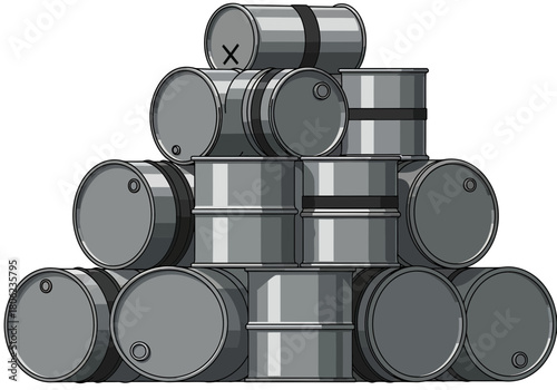 Stack of metal oil barrels arranged in a tower.