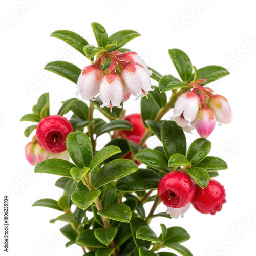 Lingonberry plant with berries and flowers isolated on transparent background