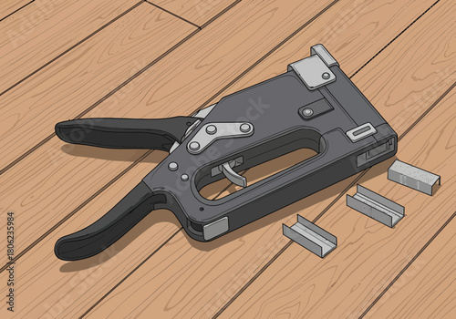 Staple Gun on Wooden Surface Close Up.