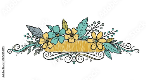 Whimsical Doodle Floral Arrangement Vector - Boho Sketchy Flower Divider