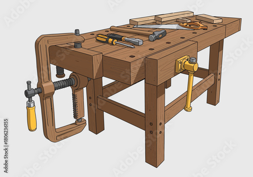 Wooden Workbench with Clamps and Hand Tools.