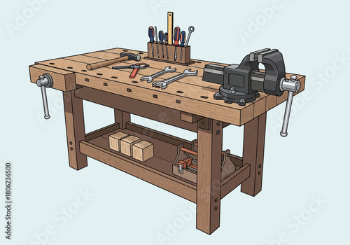 Wooden Workbench With Tools And Vise In Workshop.