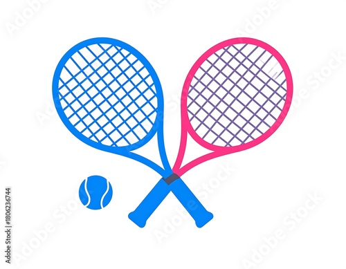 Blue and Pink Tennis Rackets with Ball, Sport Equipment Isolated on White Background