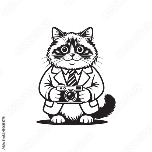 Professional Photographer Cat Holding Camera Fluffy Feline in Suit Taking Pictures Animal Portrait on White Background