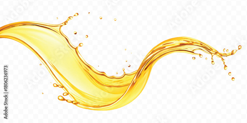 abstract smooth liquid oil splashing with droplets in curve style isolated on white background	
