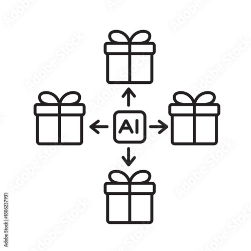 A vector icon representing personalized holiday gift flow with AI automation, created in line style with editable stroke