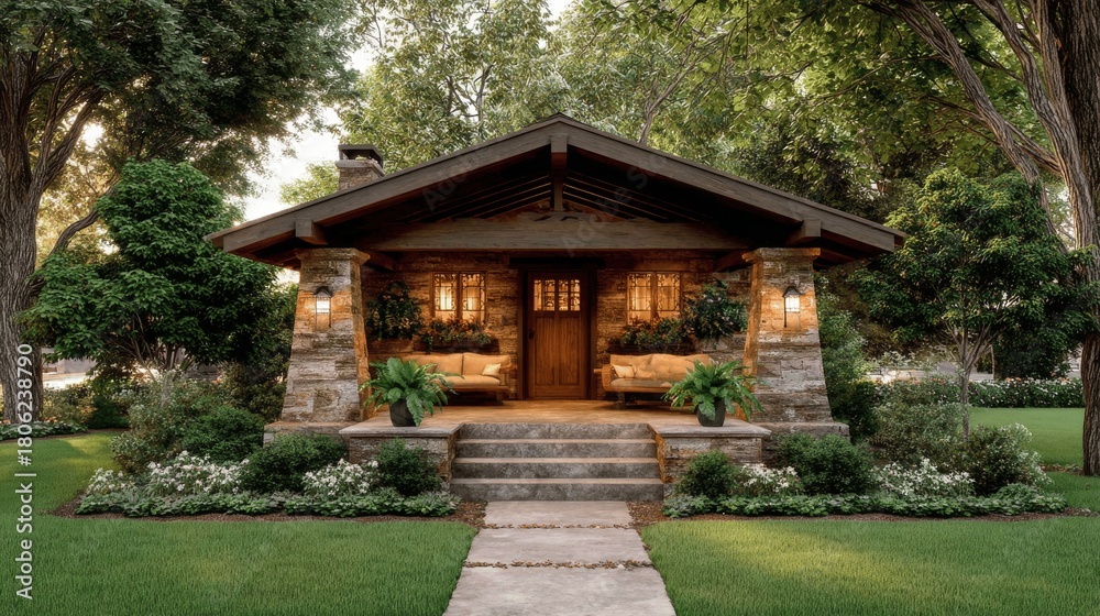 Fototapeta premium A charming stone cottage with a welcoming porch, surrounded by lush greenery and a manicured lawn.