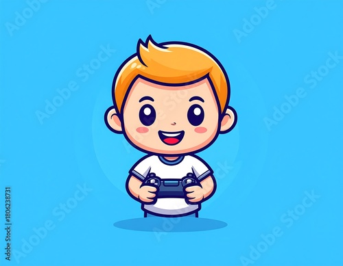 Cartoon gamer boy playing with a controller on light blue background vector