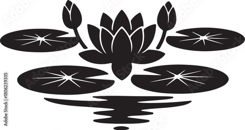 Stylized black silhouette of a water lily flower with buds and lily pads on a white background with reflection Keywords: water lily, lotus, flower, bloom, blossom, also transparent background