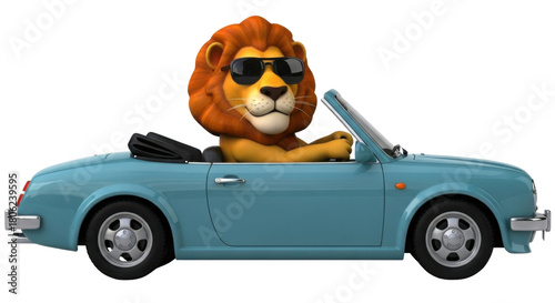 Cartoon lion driving a convertible car isolated PNG with Transparent Background