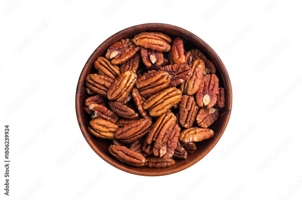 Obraz premium Shelled pecan nuts in a wooden bowl on a clean white background creating a simple natural ingredient shot ideal for culinary and healthy food themes