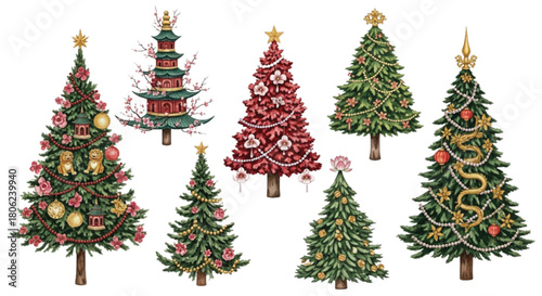 Chinoiserie Christmas Tree Collection with Pagoda, Dragons and Floral Ornaments – Elegant Watercolor Holiday Set