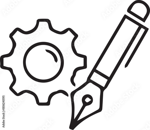Creative process symbolized by a fountain pen and a gear, representing innovation and craftsmanship