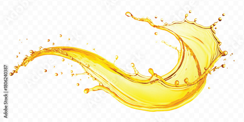 abstract smooth liquid oil splashing with droplets in curve style isolated on white background	
