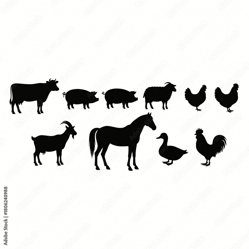 Fototapeta premium Silhouette collection of farm animals including cow pigs sheep horse goat chickens duck and rooster