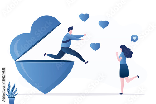 Love, relationships. Happy boyfriend jumps out of giant heart to meet his girlfriend. A date, declaration of love. Happy people, love couple