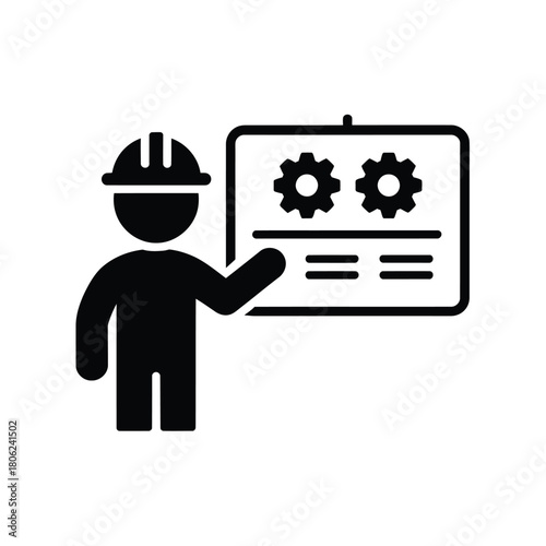 Engineer presenting a project plan with gears and diagrams