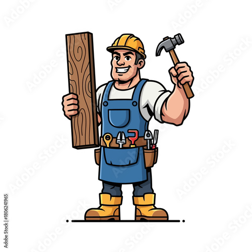 Confident cartoon construction worker ready for projects, holding wood and hammer, perfect for DIY, home improvement, or skilled trades promotions