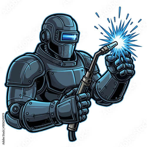Futuristic welding robot creating sparks with industrial torch, perfect for engineering, construction, or sci-fi themed projects and designs needing a robotic edge